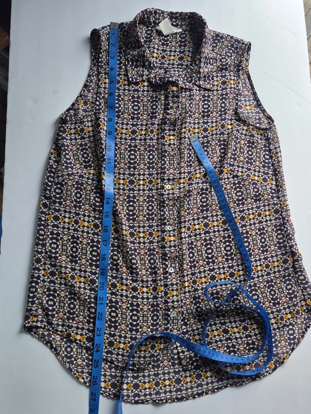 H&M Sheer Mosaic Boho Blouse Yellow & Blue Tile - Picture 9 of 9